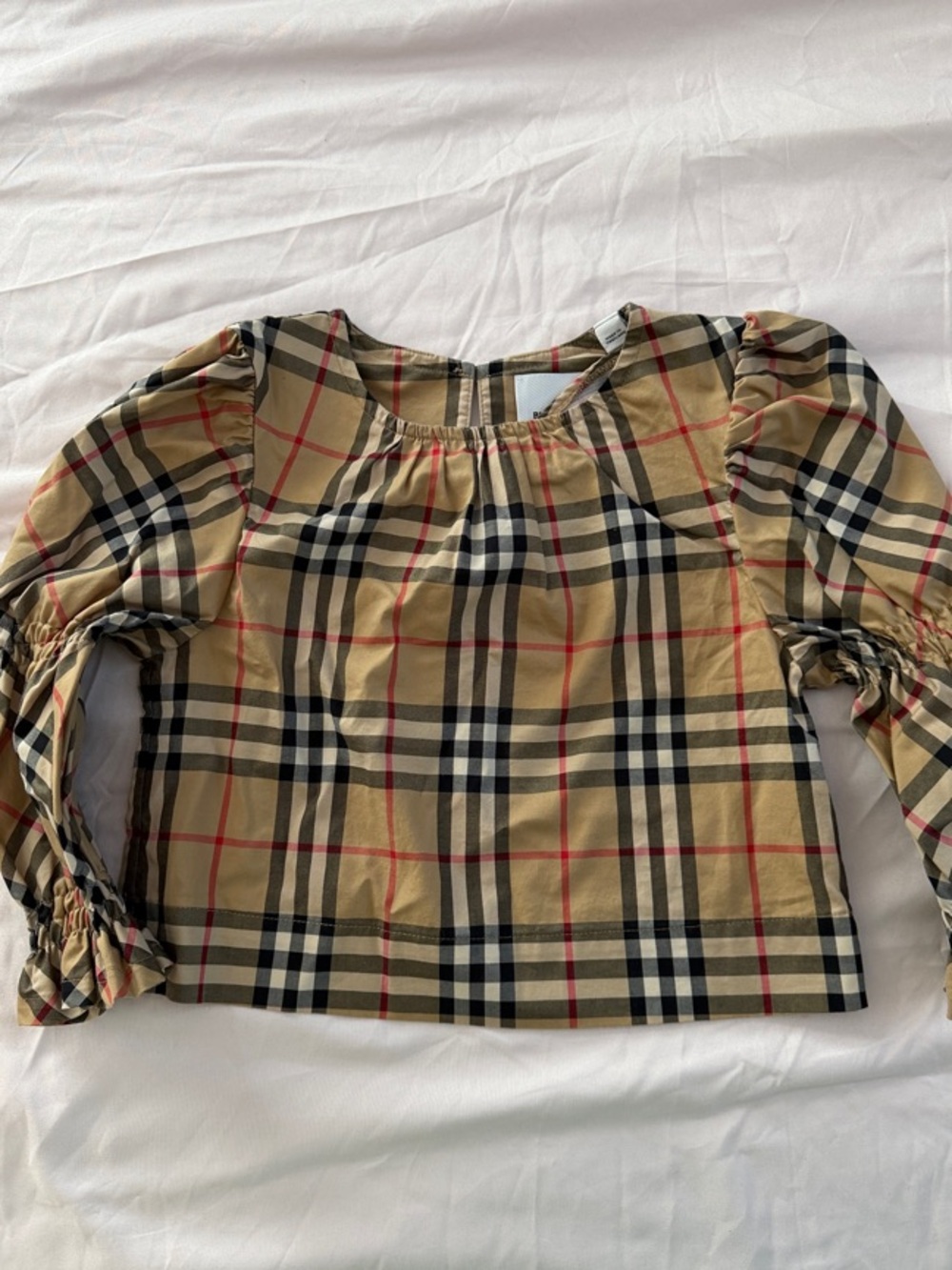 Burberry Girls Tan Check Puff-Sleeve Top with Red & Black Accents